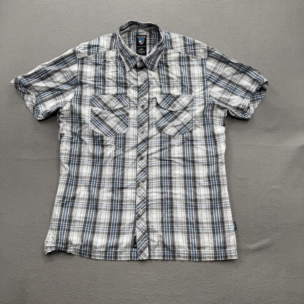 KUHL Shirt Mens Medium Gray Blue Plaid Short Sleeve Button Front Western Outdoor